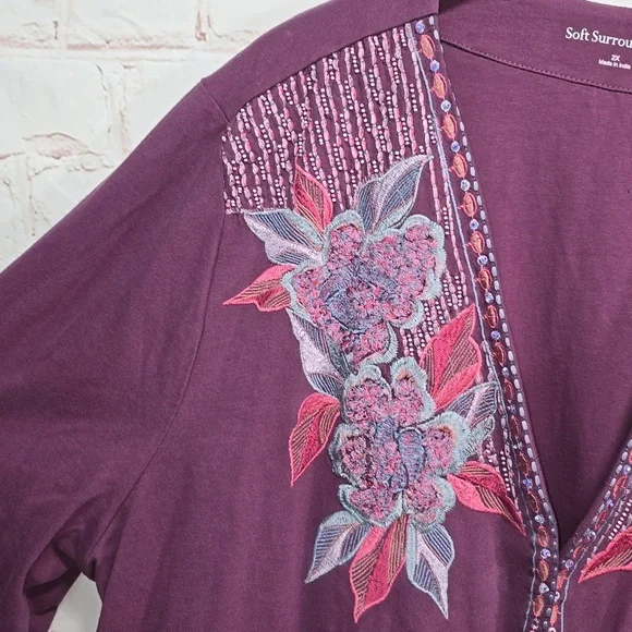 Soft Surroundings Dark Berry Playa Embroidered Jacket Open Beaded Womens 2X NWT - Picture 4 of 14
